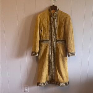 vintage Mustard Suede Embroidered coat with pockets and zipper a few stains